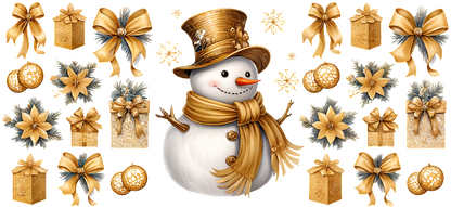 A cheerful snowman in a golden top hat and scarf, surrounded by festive gifts, bows, and winter decorations in gold and silver.UV Transfers heat press transfers