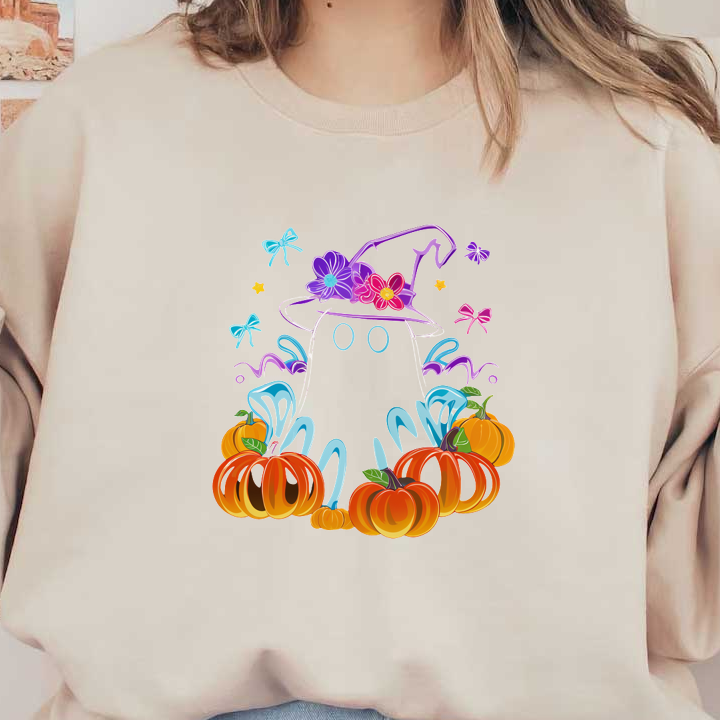 ¡Un fantasma caprichoso con un sombrero de bruja floral rodeado de calabazas vibrantes y mariposas coloridas, perfecto para la alegría de Halloween!