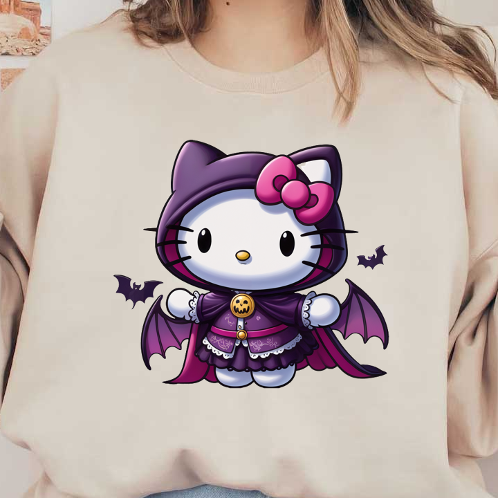 Celebrate Halloween with this adorable Hello Kitty in a purple cape, complete with bat wings and a cute bow!DTF Transfers dtf prints