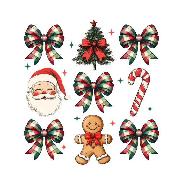 A festive collection of Christmas-themed illustrations featuring Santa, a gingerbread man, a Christmas tree, candy cane, and decorative bows. dtf prints