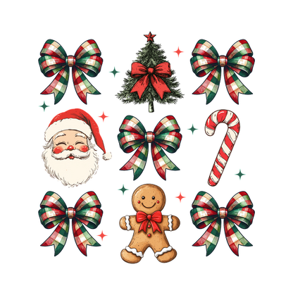 A festive collection of Christmas-themed illustrations featuring Santa, a gingerbread man, a Christmas tree, candy cane, and decorative bows. dtf prints