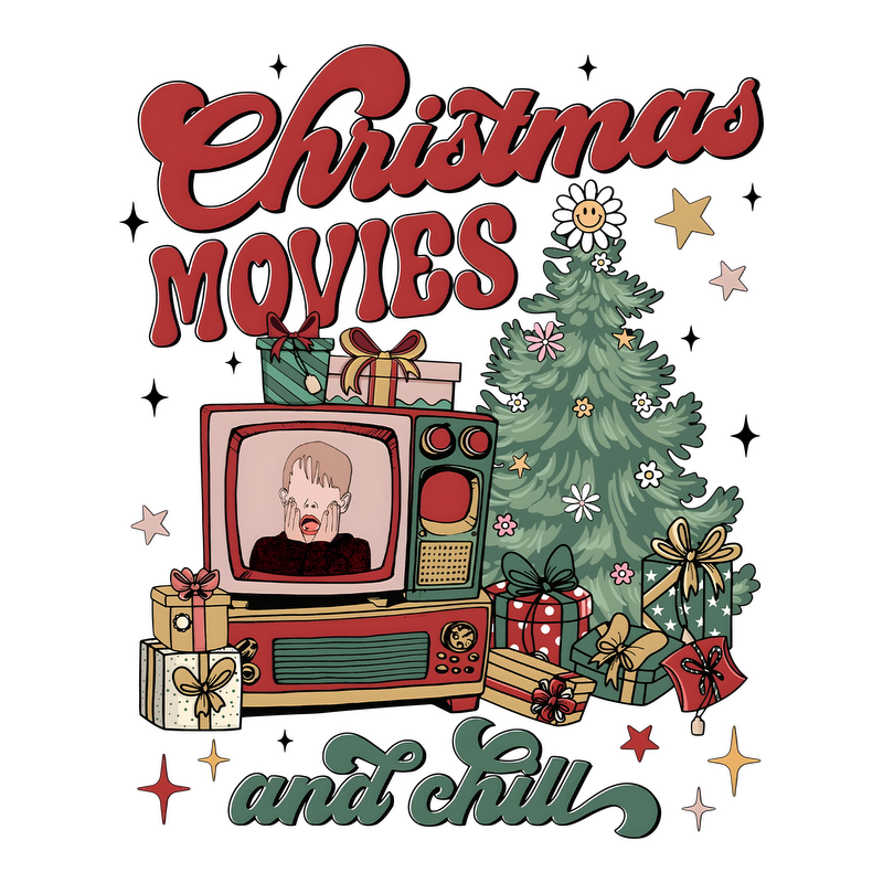 Celebrate the holiday spirit with this festive design featuring a vintage TV, a Christmas tree, and the phrase "Christmas Movies and Chill."DTF Transfers dtf transfers dtf transfers