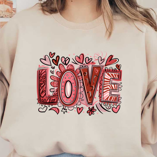 A vibrant and playful illustration featuring the word "LOVE" surrounded by colorful hearts and decorative elements.DTF Transfers