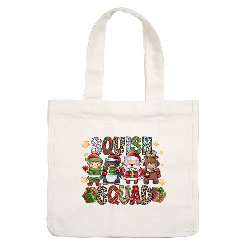 This festive design features cute holiday characters—a penguin, Santa, a reindeer, and a child—surrounded by colorful "Squish Squad" lettering and presents.DTF Transfersdtf regular iron