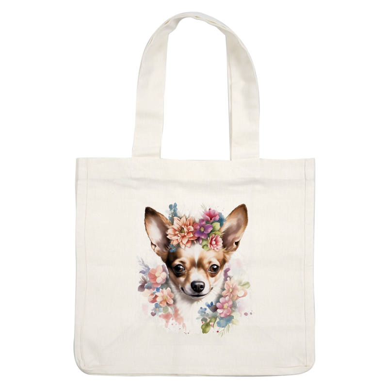 Un lindo chihuahua adornado con una vibrante corona floral, mostrando una sonrisa juguetona rodeada de flores de colores.