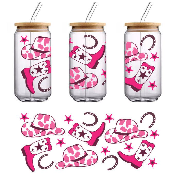 A vibrant pattern featuring pink cowboy hats, boots, star accents, and horseshoes, perfect for country-themed designs. UV transfers dtf transfers